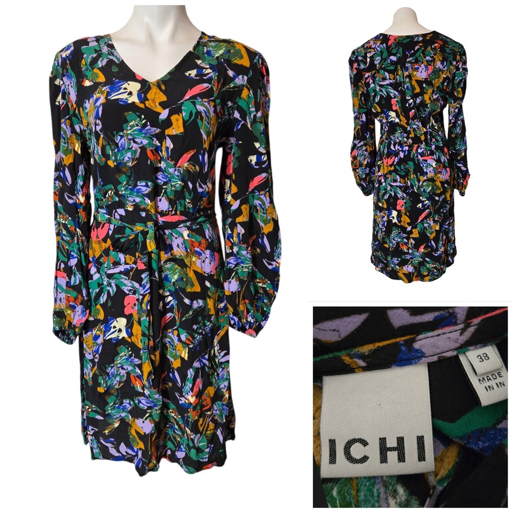 ICHI IHCELIVA DR2 dress Abstract Floral Long Sleeve V-Neck Belted 38/ US M/L